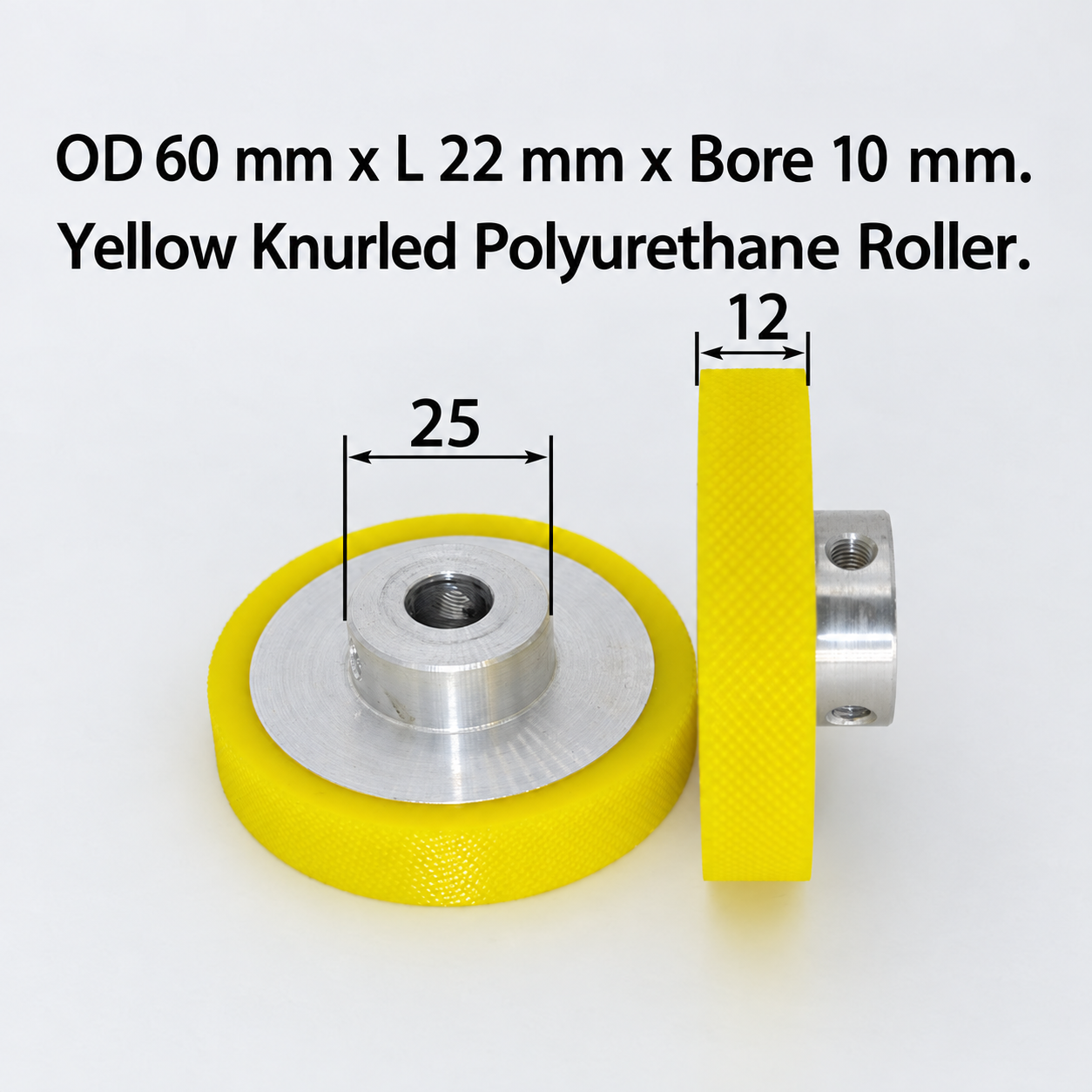 yellow knurled polyurethane wire feeding roller, OD 60 mm, length 22 mm, bore 10 mm