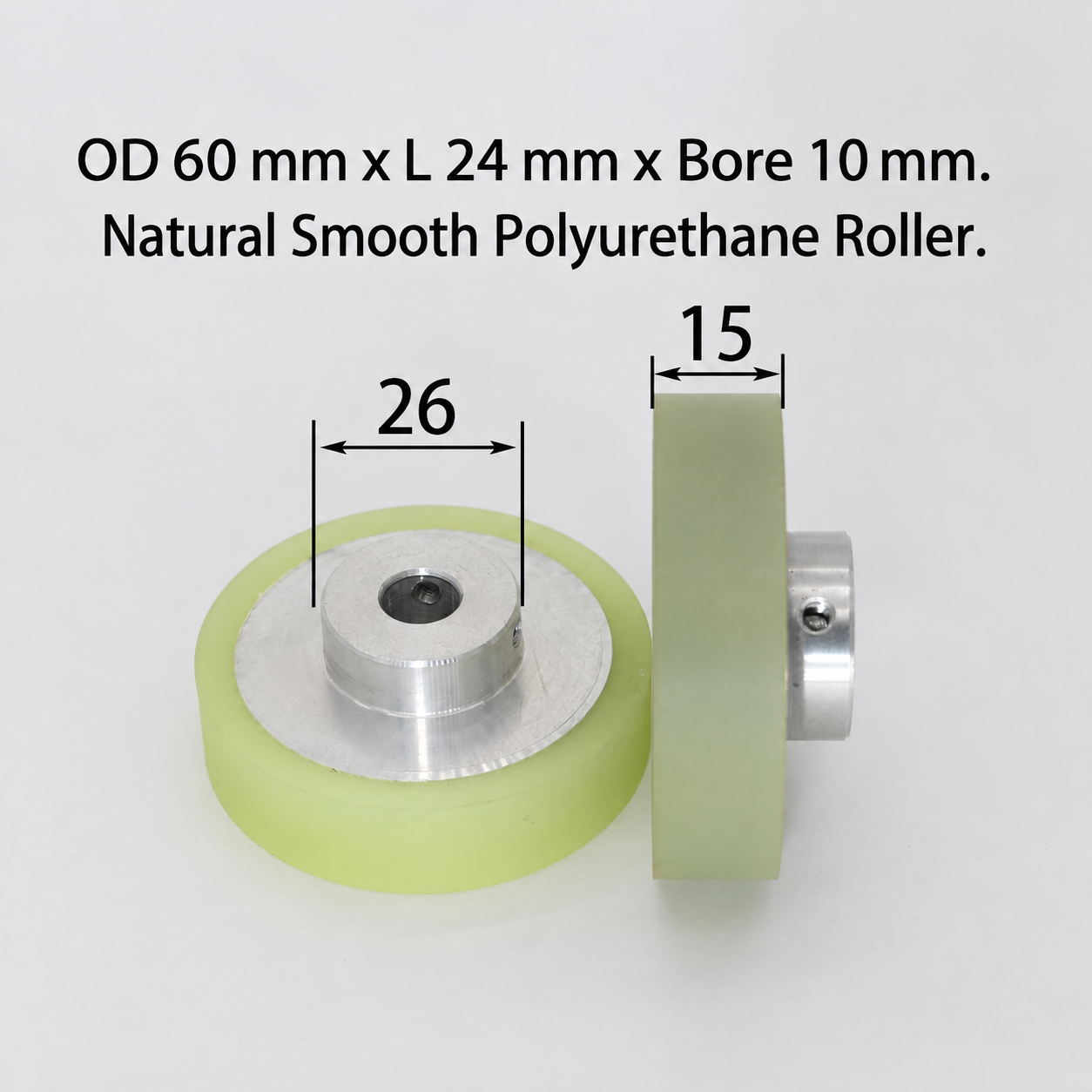 natural smooth polyurethane wire feeding roller, OD 60 mm, length 24 mm, bore 10 mm