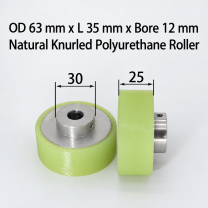 natural knurled polyurethane wire feeding roller, OD 63 mm, length 35 mm, bore 12 mm