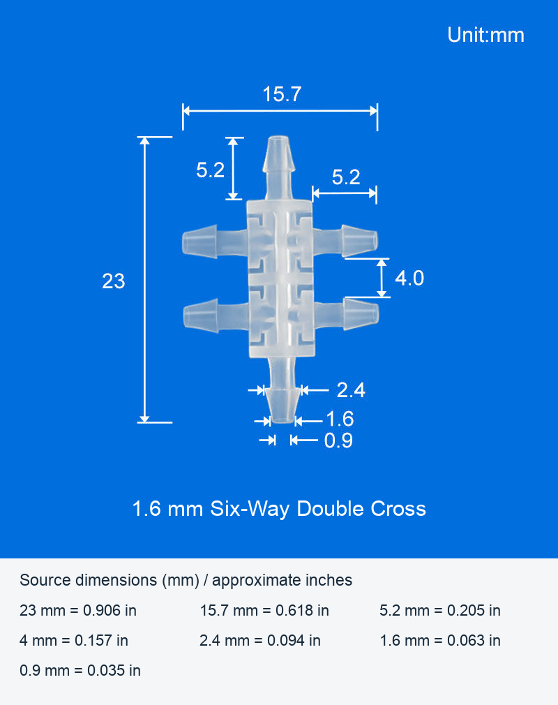 Six-Way Double-Cross Plastic Hose-Barb Connectors, 1.6 and 4.0 mm original product view 1