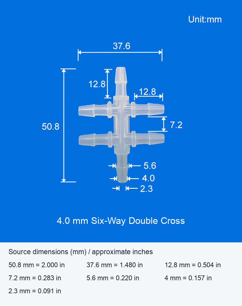 Six-Way Double-Cross Plastic Hose-Barb Connectors, 1.6 and 4.0 mm original product view 2