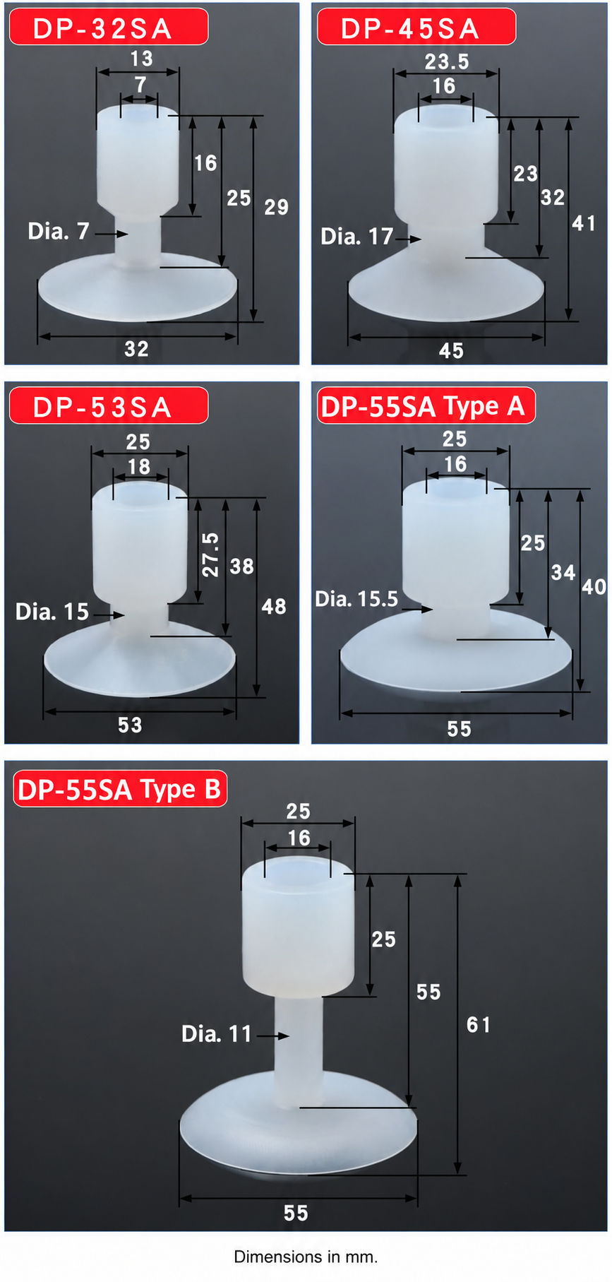DP-32SA, DP-45SA, DP-53SA and DP-55SA Type A and Type B dimensions in millimeters