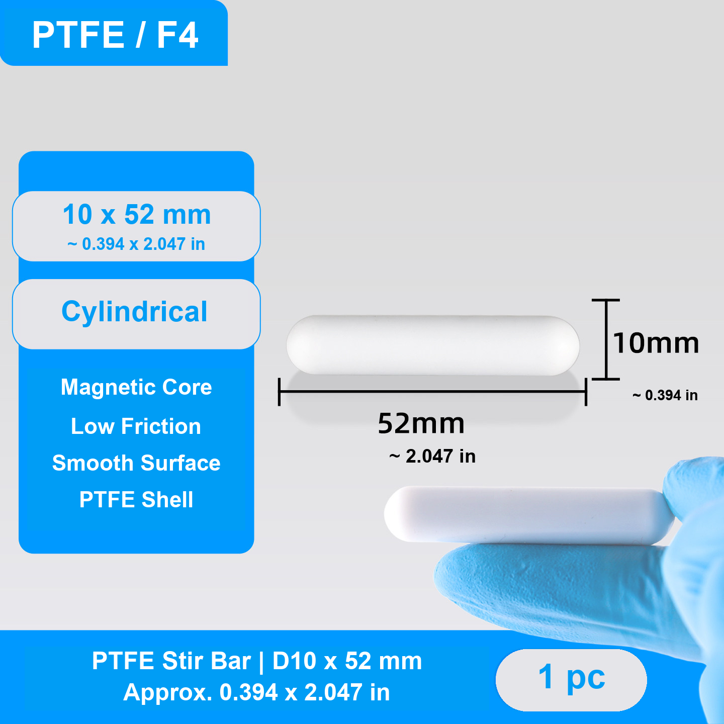 Cylindrical PTFE Magnetic Stir Bars, D10-D15, 26-55 mm
