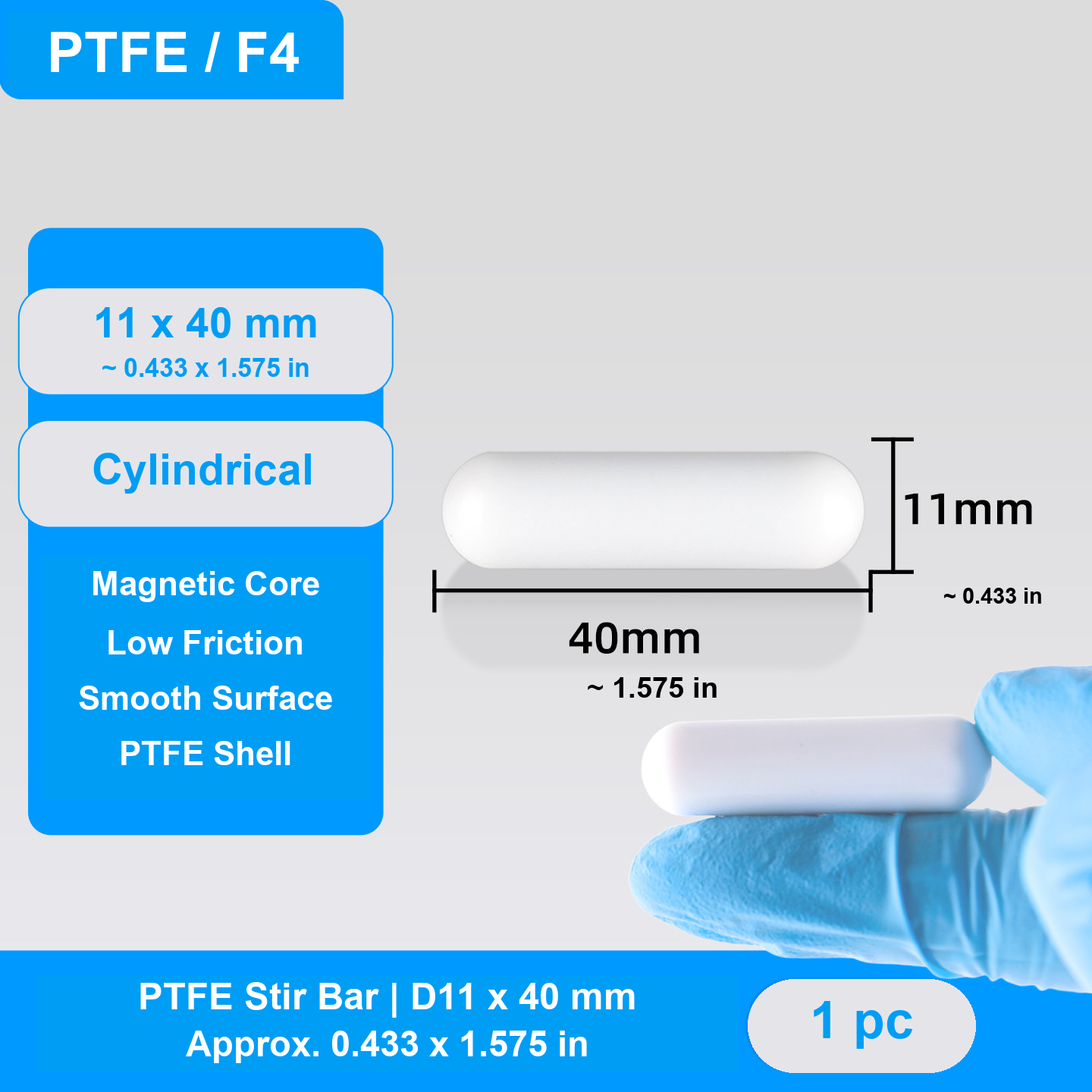 Cylindrical PTFE Magnetic Stir Bars, D10-D15, 26-55 mm