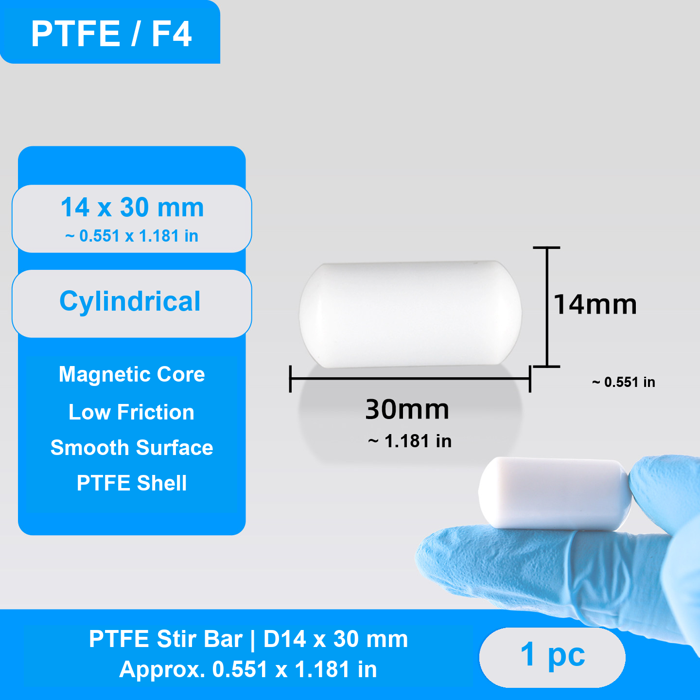 Cylindrical PTFE Magnetic Stir Bars, D10-D15, 26-55 mm