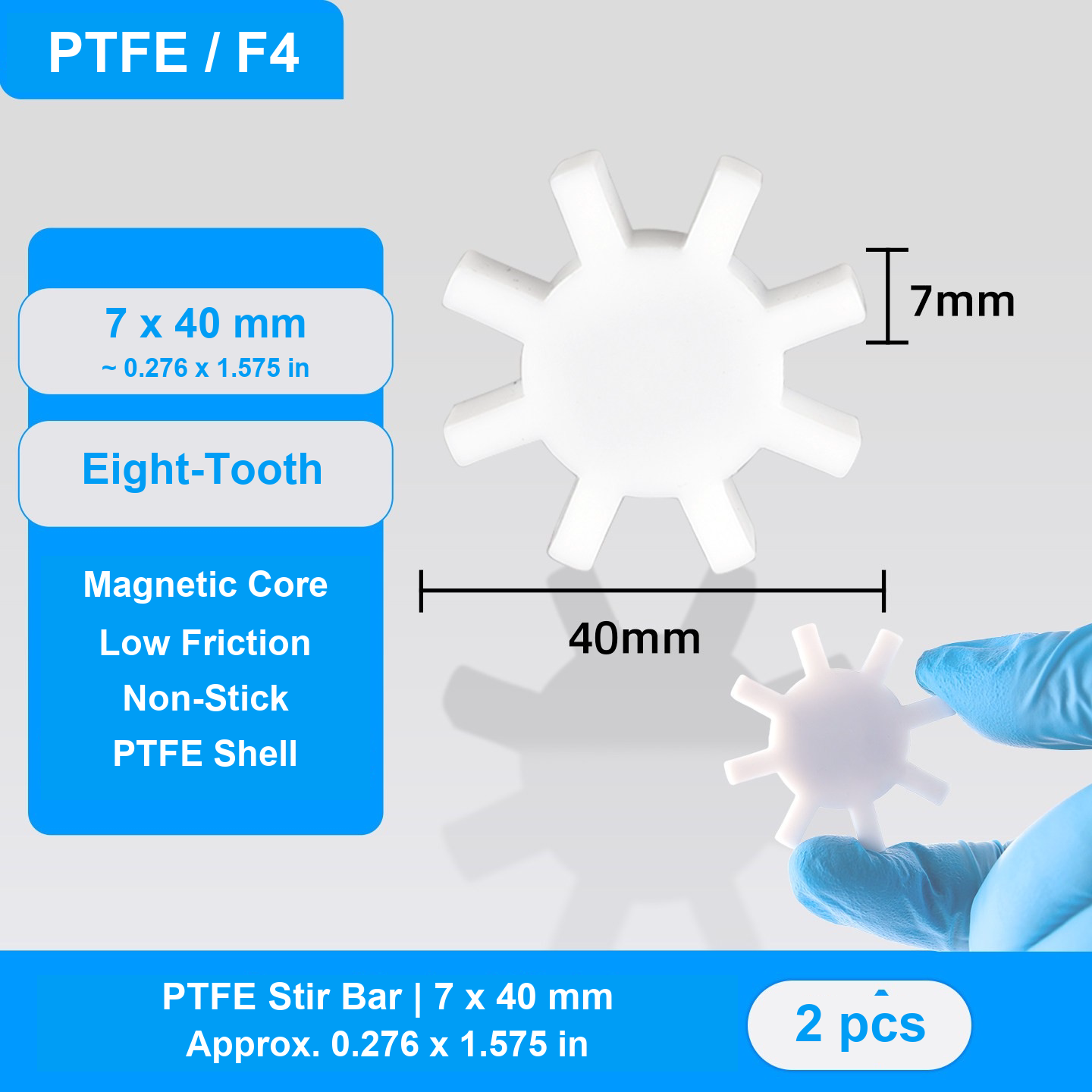 PTFE Magnetic Stir Bars - Cross, Cylindrical, H-Series, Eight-Tooth and Spherical, 2 Pieces