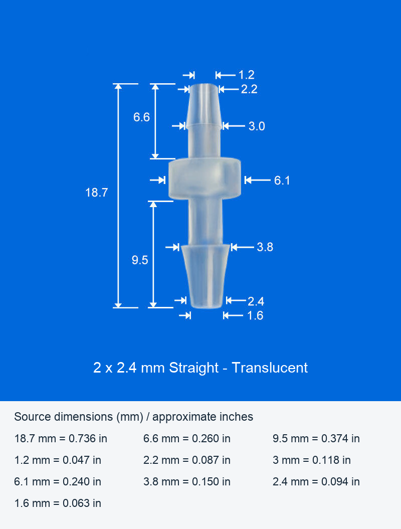 Plastic Reducing Straight Hose Connectors, Black and Translucent, 1.6 x 2.4 and 2 x 2.4 mm original product view 3