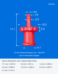 PP Luer-to-Hose-Barb Adapters, Individual Model Options, 1.6-6.4 mm