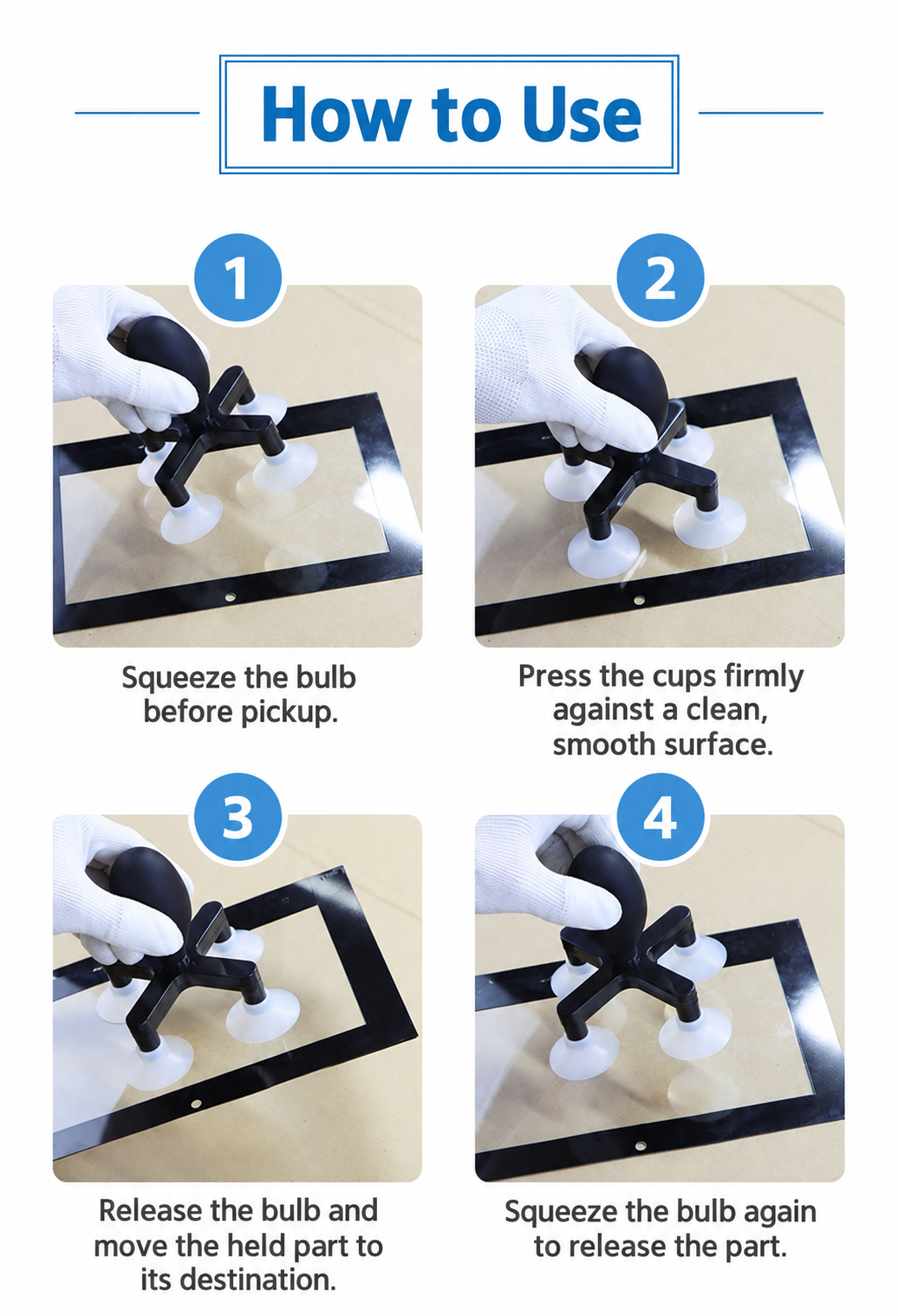 Four actual glass handling photos showing squeeze, seal, move and release steps