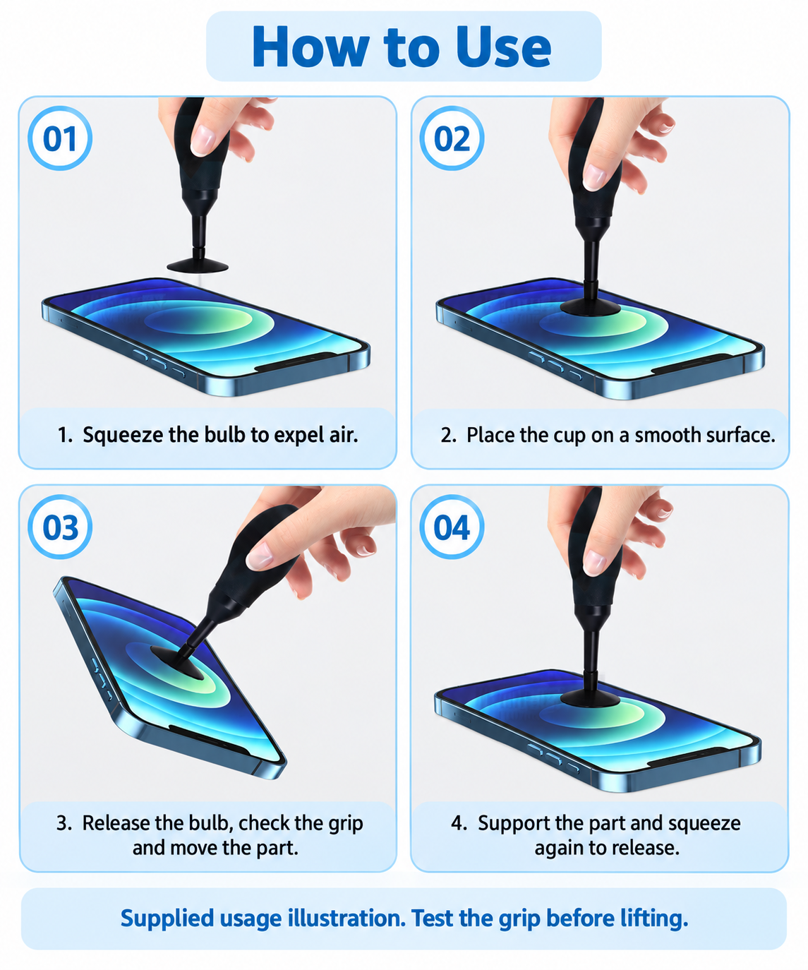 Supplied four-step illustration of squeezing, placing, lifting and releasing the manual pickup pen