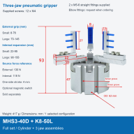 MHS3 Three-Jaw Pneumatic Grippers, K8-3 Adjustable Jaws and Bases