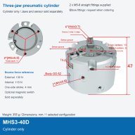 MHS3 Three-Jaw Pneumatic Grippers, K8-3 Adjustable Jaws and Bases