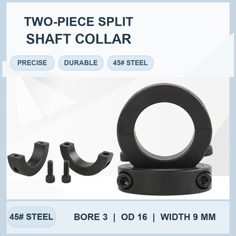 Carbon steel two-piece split shaft collar, 3 mm bore, 16 mm outer diameter, 9 mm width