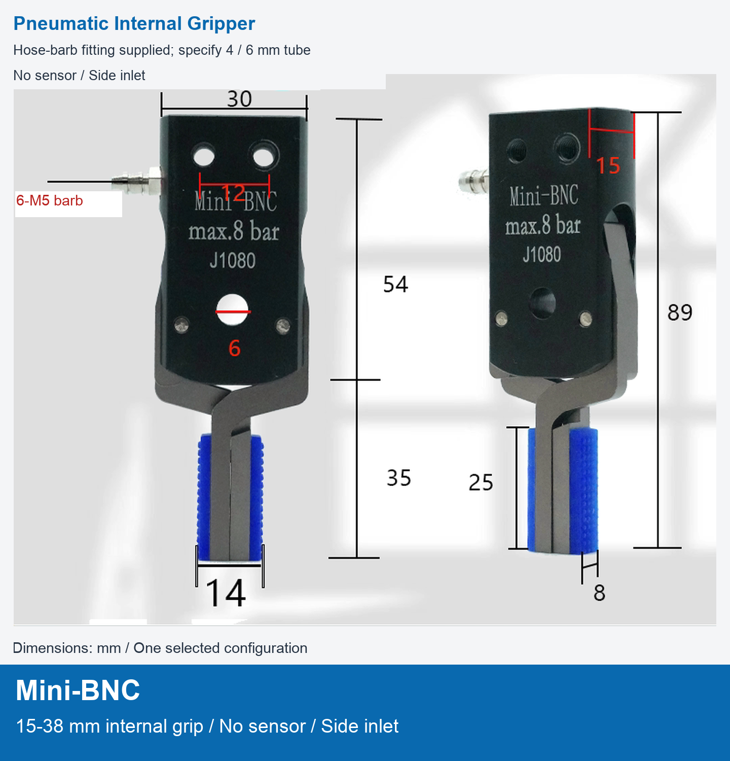 Mini-BNC / 15-38 mm internal grip / No sensor / Side inlet