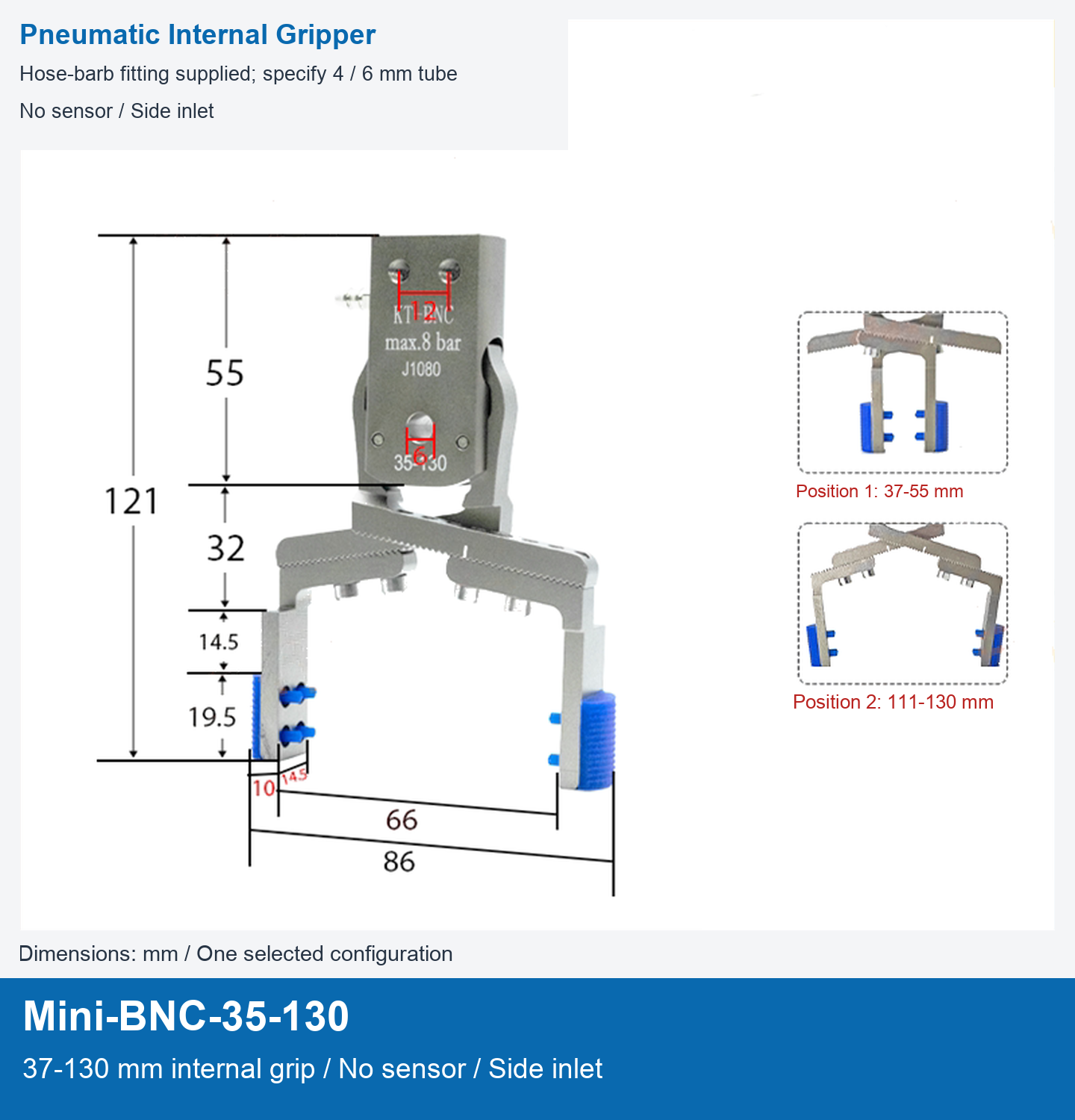 Mini-BNC-35-130 / 37-130 mm internal grip / No sensor / Side inlet