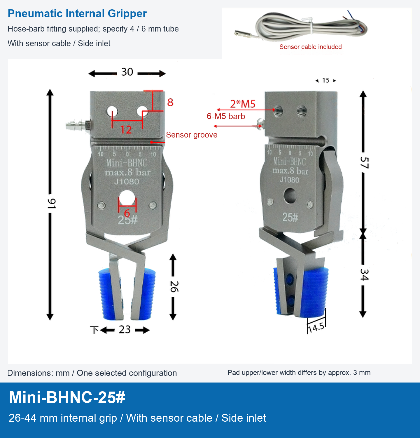Mini-BHNC-25# / 26-44 mm internal grip / With sensor cable / Side inlet