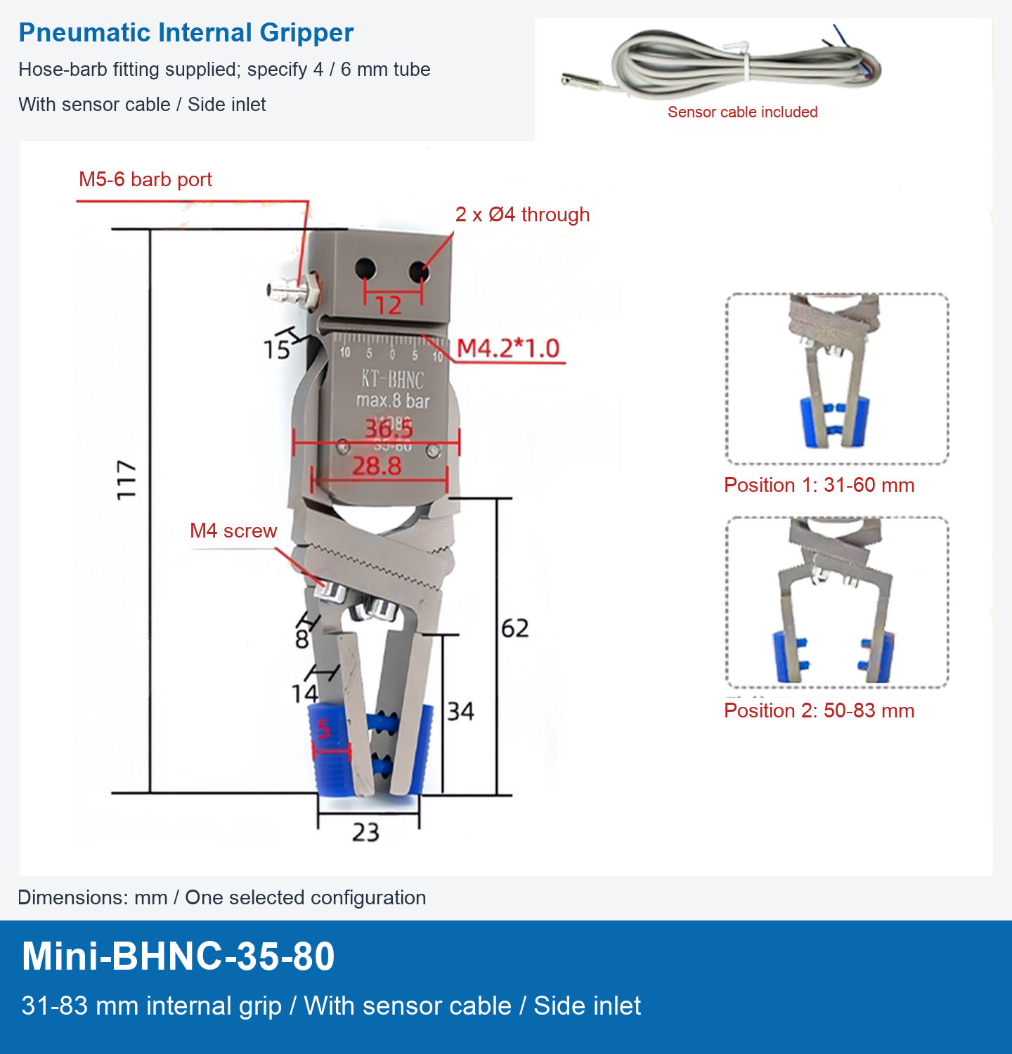 Mini-BHNC-35-80 / 31-83 mm internal grip / With sensor cable / Side inlet