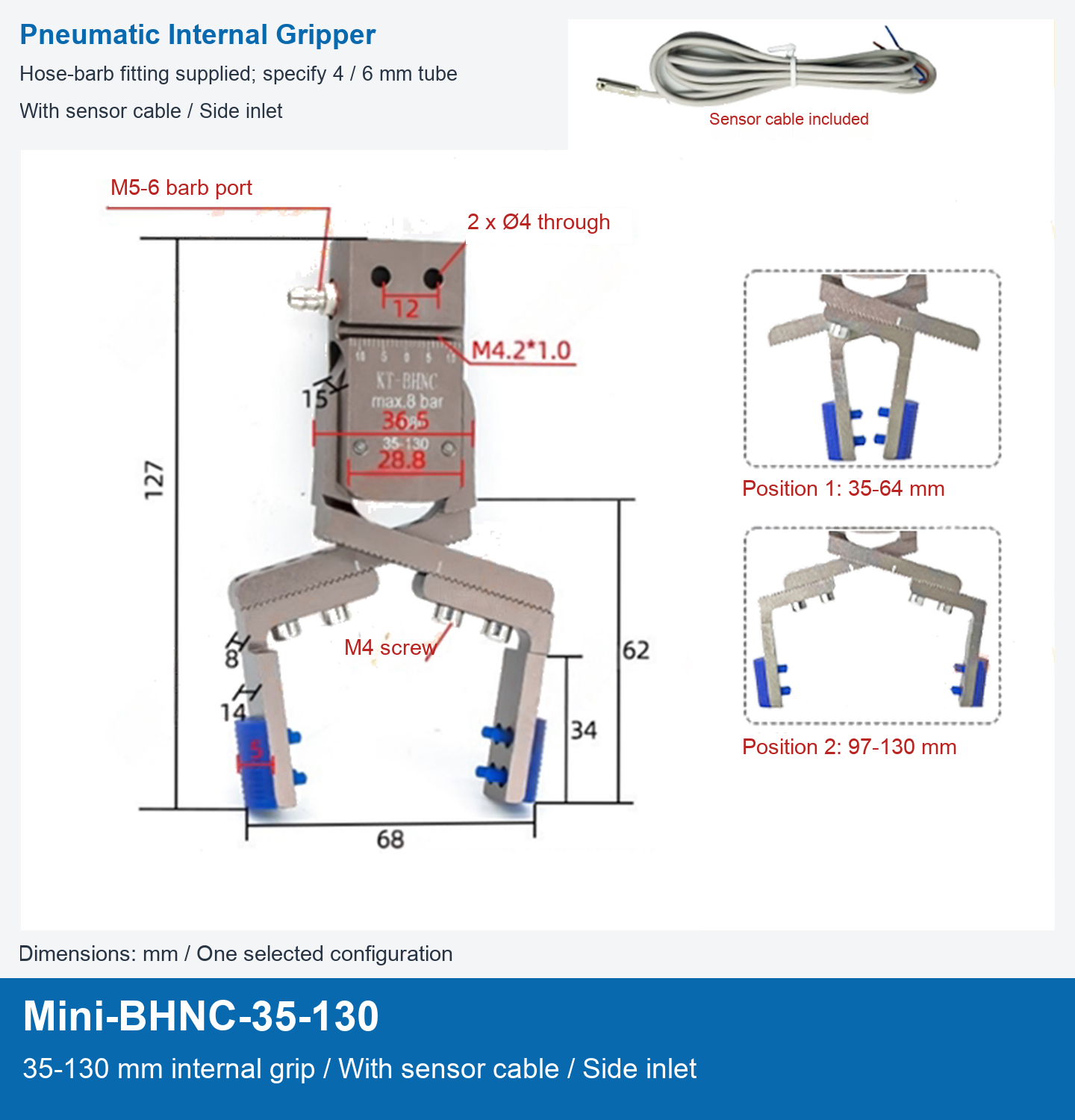 Mini-BHNC-35-130 / 35-130 mm internal grip / With sensor cable / Side inlet
