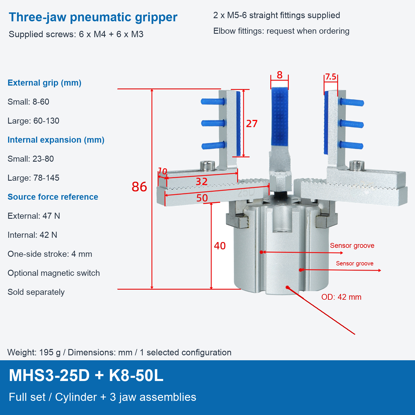 MHS3-25D + K8-50L / Full set / Cylinder + 3 jaw assemblies