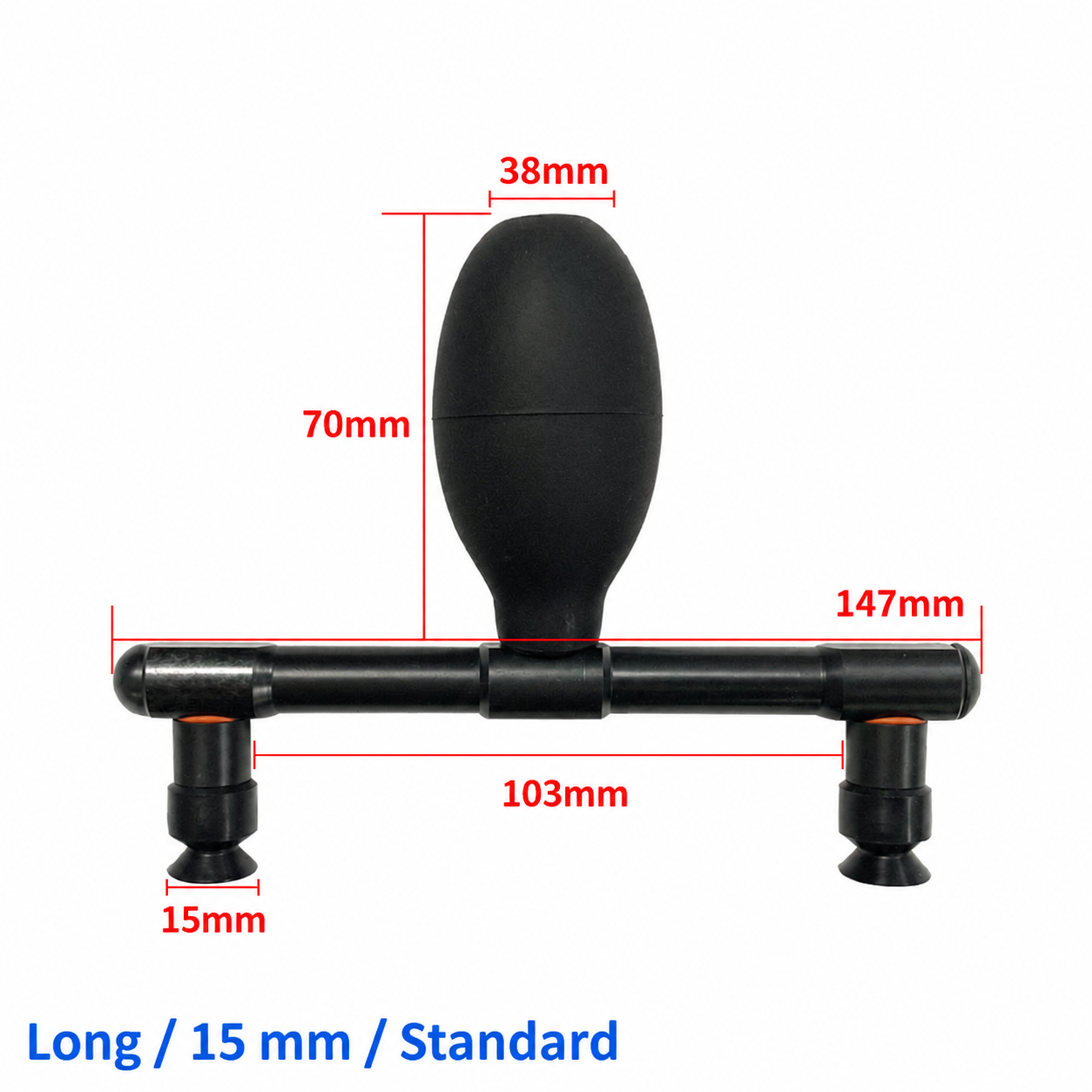 Long 15 mm standard tool dimension photograph: 38 mm bulb width, 70 mm bulb height, 147 mm frame span and 103 mm marked inner span
