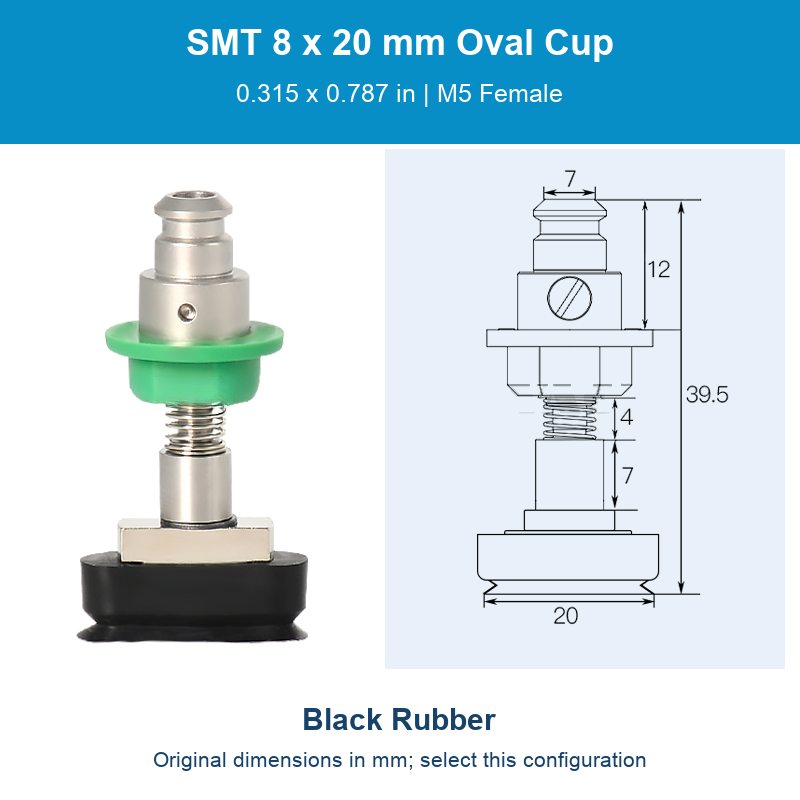 SMT 8 x 20 mm (0.315 x 0.787 in) - Black Rubber - M5 Female original photograph and dimensions