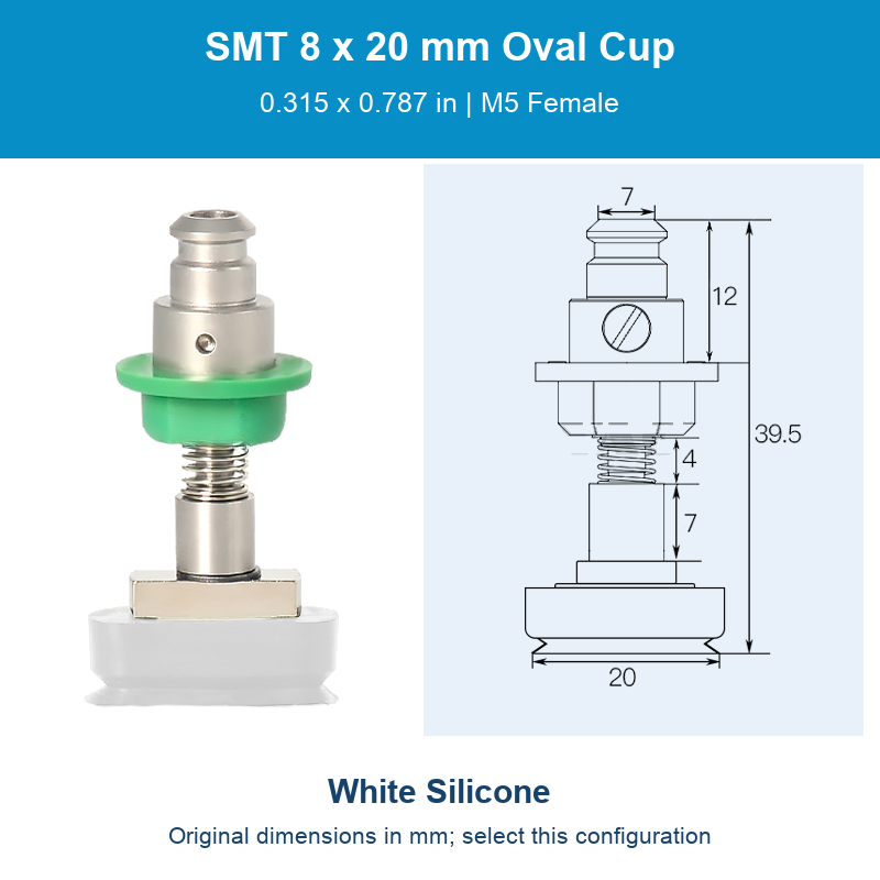 SMT 8 x 20 mm (0.315 x 0.787 in) - White Silicone - M5 Female original photograph and dimensions