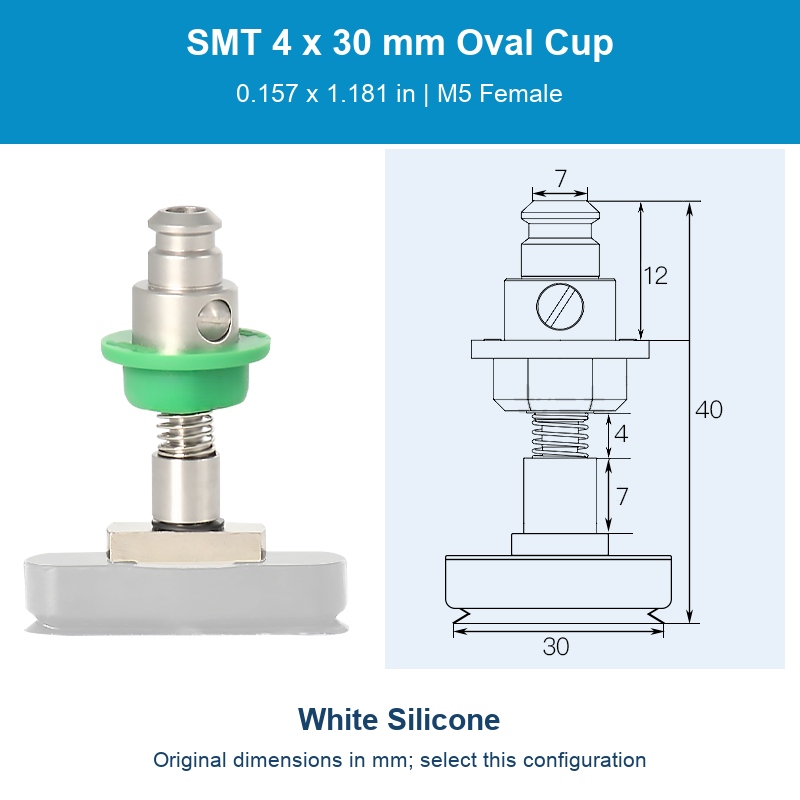 SMT 4 x 30 mm (0.157 x 1.181 in) - White Silicone - M5 Female original photograph and dimensions