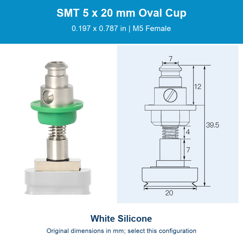 SMT 5 x 20 mm (0.197 x 0.787 in) - White Silicone - M5 Female original photograph and dimensions