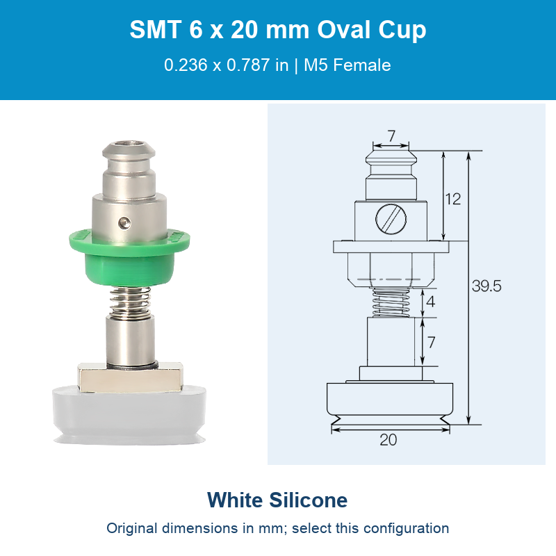 SMT 6 x 20 mm (0.236 x 0.787 in) - White Silicone - M5 Female original photograph and dimensions