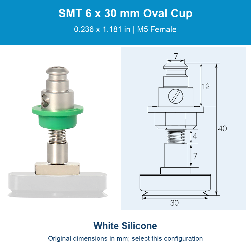 SMT 6 x 30 mm (0.236 x 1.181 in) - White Silicone - M5 Female original photograph and dimensions