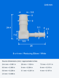 White Plastic Reducing Elbow Hose Connector, 8 x 4 mm original photograph