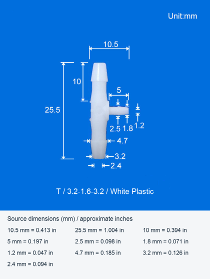 Plastic Reducing T and F Hose-Barb Connectors, White T and Translucent PP F