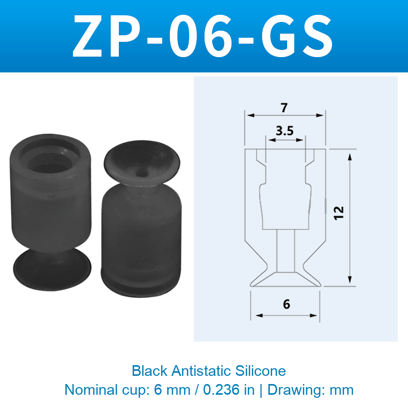 ZP-06-GS — Black Antistatic Silicone — original photo and dimension drawing