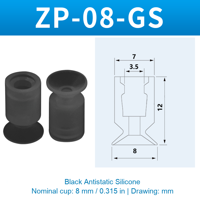 ZP-08-GS — Black Antistatic Silicone — original photo and dimension drawing