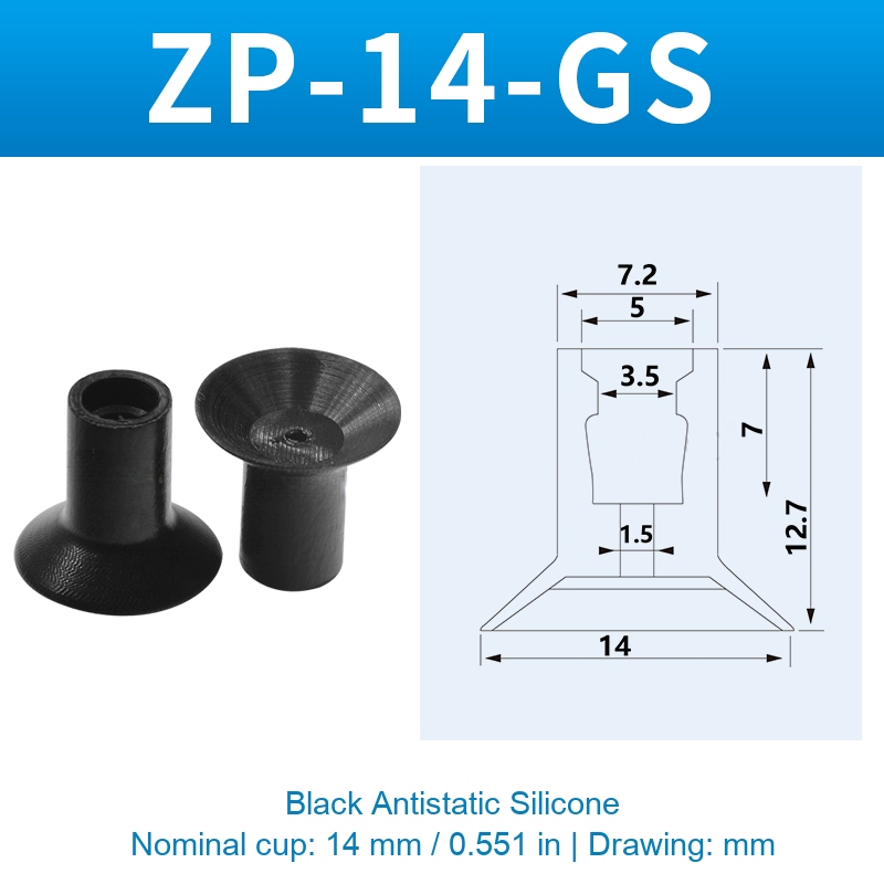 ZP-14-GS — Black Antistatic Silicone — original photo and dimension drawing