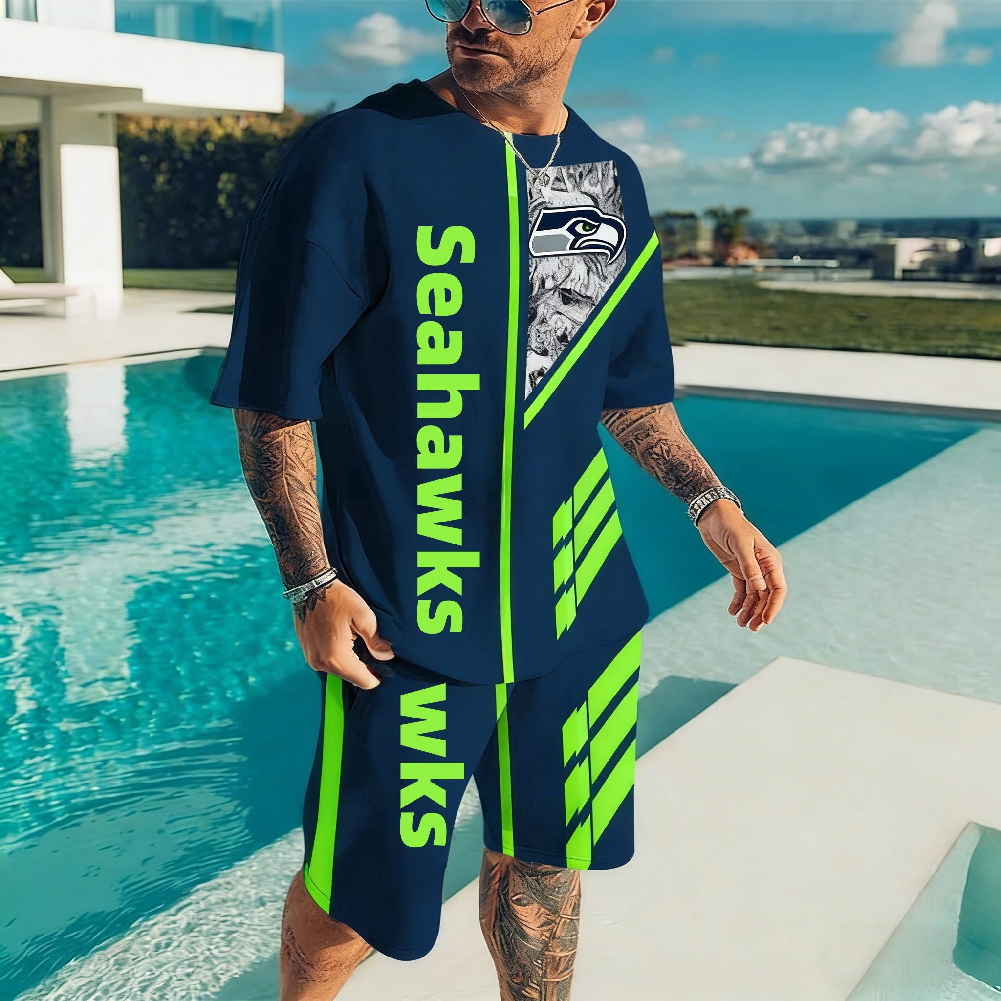 Men's Seattle Seahawks 3D Print Short Sleeve T-Shirt & Shorts Set