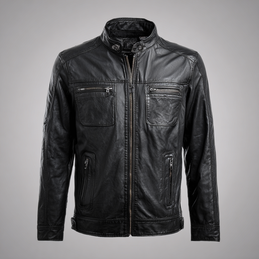 Herren Lederjacke - Herren - Echtleder - Schwarz - Stehkragenjacke mit Reißverschlusstaschen - Größe L-Craftuse