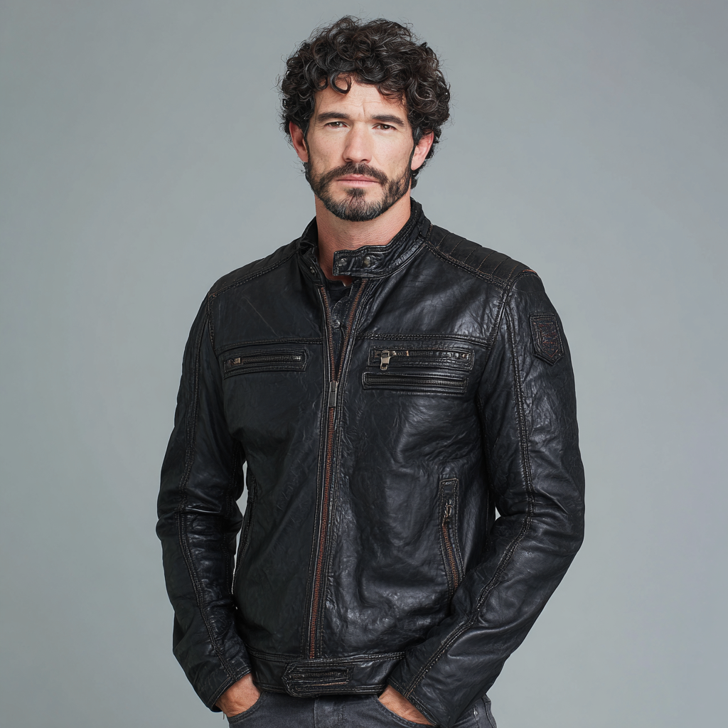 Herren Lederjacke - Herren - Echtleder - Schwarz - Vintage Biker-Stil mit Stehkragen - Größe L-Craftuse