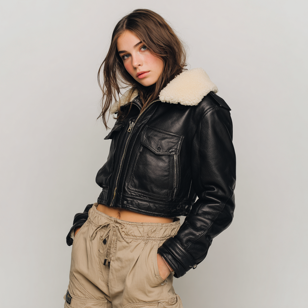 Damen Lederjacke - Damen - Echtleder - Schwarz - Kurzjacke mit Shearling-Kragen und Reißverschlusstaschen - Winter-Craftuse