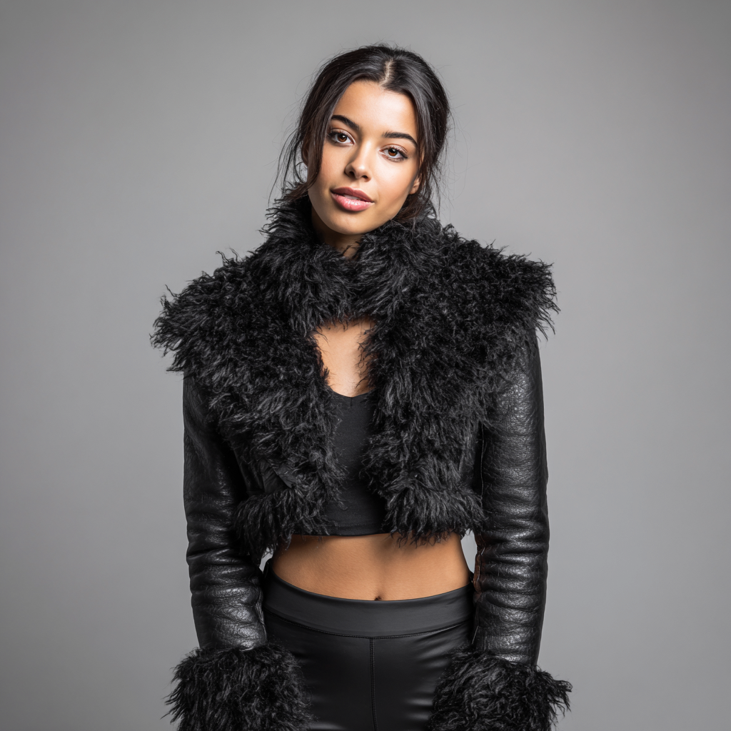 Damen Lederjacke - Damen - Echtleder mit Lammfellbesatz - Schwarz - Kurzjacke mit Fellkragen - Winter-Craftuse