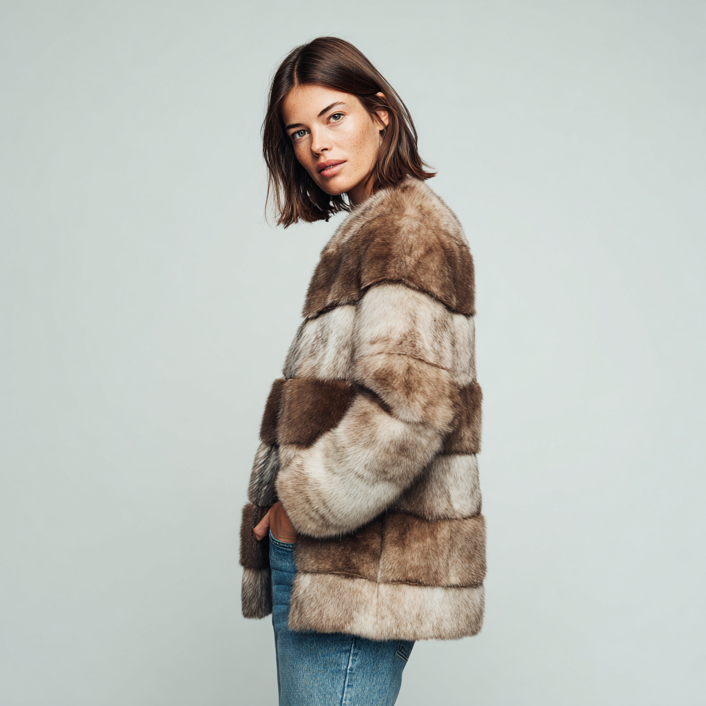 Damen Nerzmantel - Jacke - Nerz - Beige-Braun - Kurz - Einheitsgröße-Craftuse