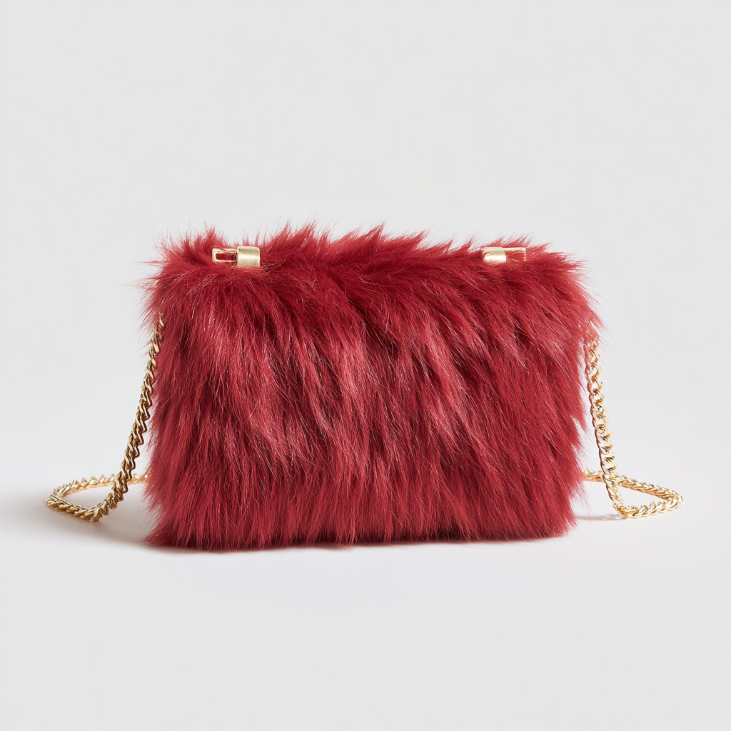 Damen Felltasche - Umhängetasche aus rotem Fell mit goldener Kette und Metallakzenten - elegantes Winterdesign - klein-Craftuse