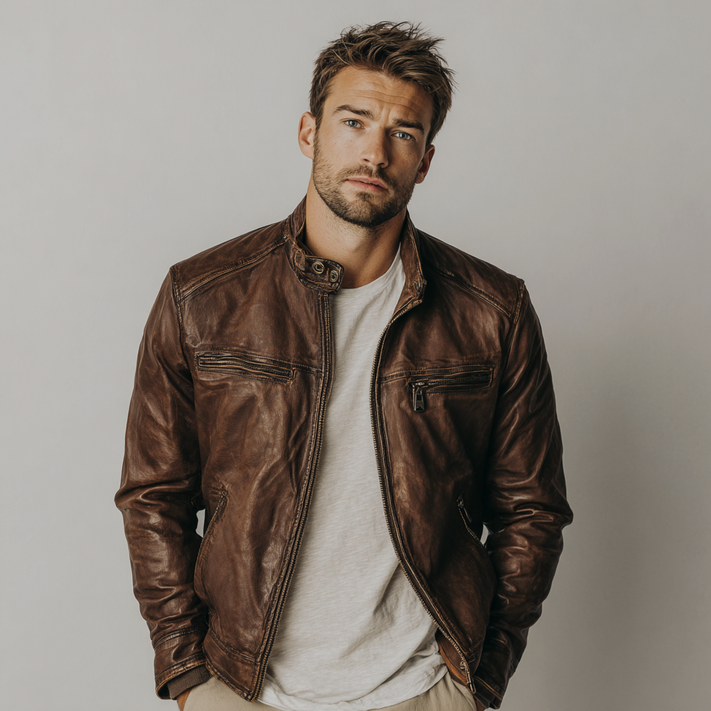 Herren Lederjacke - Herren - Echtleder - Dunkelbraun - Regular Fit Bikerjacke mit Stehkragen - Größe L-Craftuse