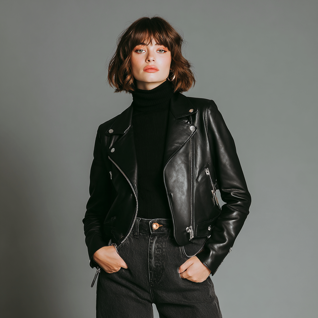 Damen Lederjacke - Damen - Echtleder - Schwarz - Kurze Bikerjacke mit Reißverschluss und Nieten - Herbst-Winter-Craftuse