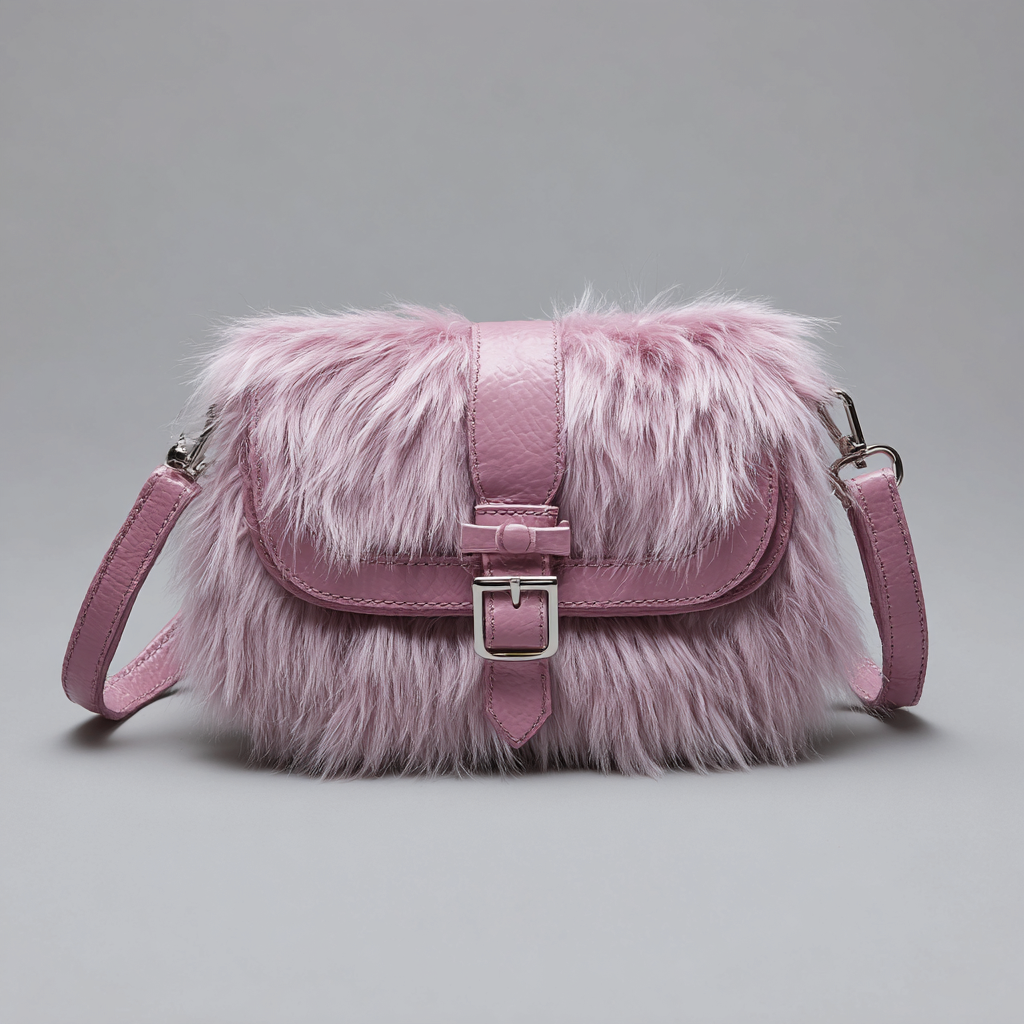 Damen Felltasche - Schultertasche aus Fell in Hellrosa mit Lederriemen und Schnalle - modischer Winterstil - klein-Craftuse