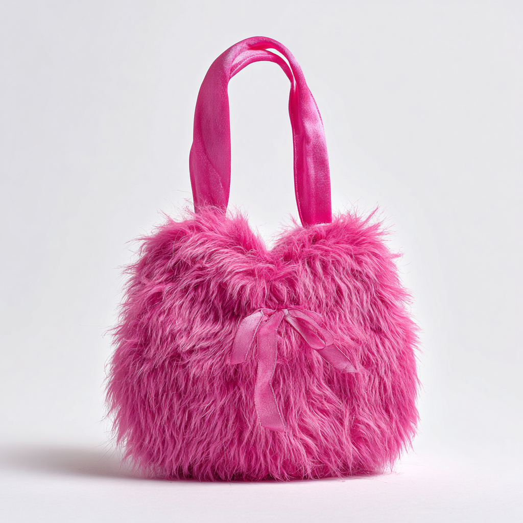 Damen Felltasche - Handtasche aus flauschigem Fell in Pink mit Satinhenkeln und Schleife - romantischer Stil - klein-Craftuse
