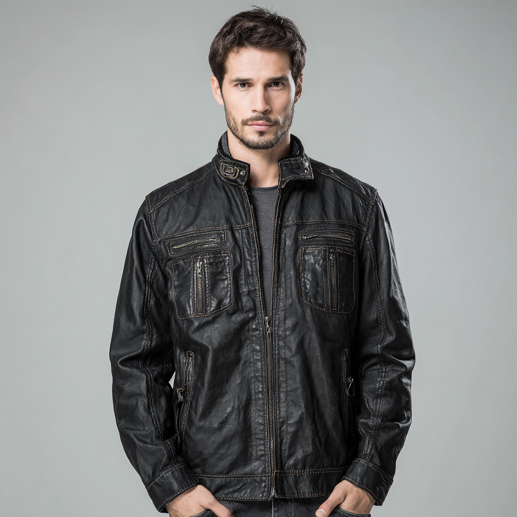 Herren Lederjacke - Herren - Echtleder - Schwarz - Stehkragenjacke mit Ziernähten und Reißverschlusstaschen - Größe L-Craftuse