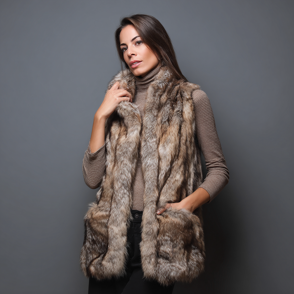 Damen Nerzweste - Echtpelz - Mittel - Naturbraun - Pelzweste mit Stehkragen und handgefertigter Verarbeitung - Größe M-Craftuse