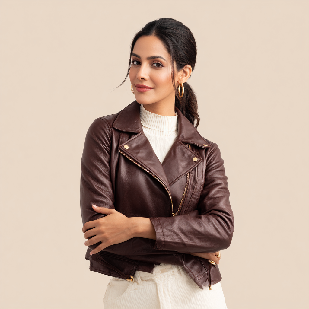 Damen Lederjacke - Damen - Echtleder - Dunkelbraun - Klassische Bikerjacke mit goldenen Details - Herbst-Winter-Craftuse