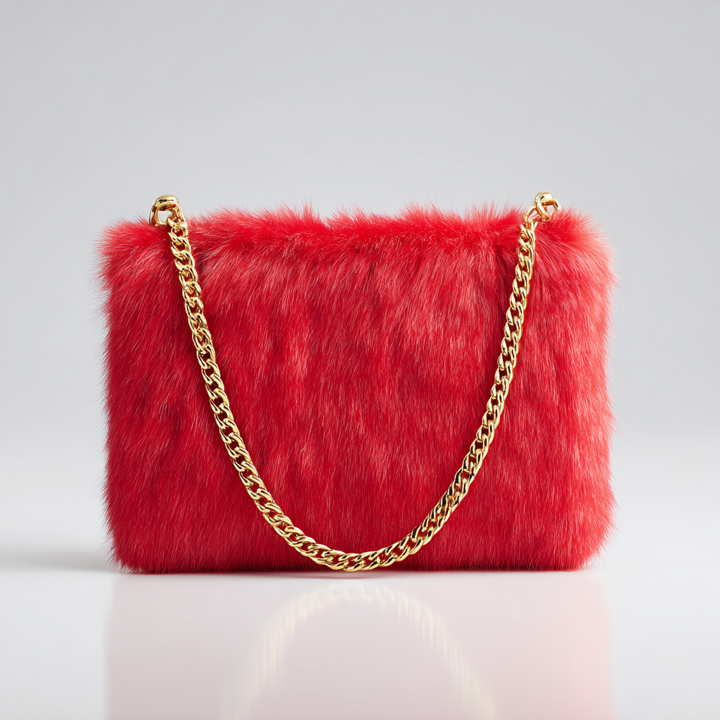 Damen Felltasche - Handtasche aus Fell mit Goldkette - leuchtend rot - elegantes Design für Abendmode - mittelgroß-Craftuse